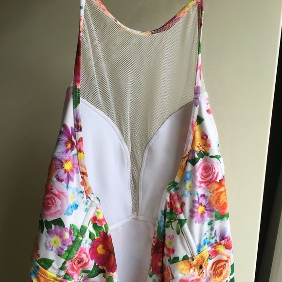 La Vie En Rose Aqua white floral high halter neck tankini top swimsuit size XL​ - Picture 7 of 13